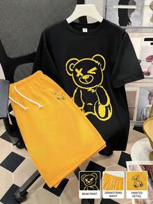 SHEIN 青少年男孩休闲熊印花圆领短袖T恤和短裤两件套 - 黃色 - 查看 3