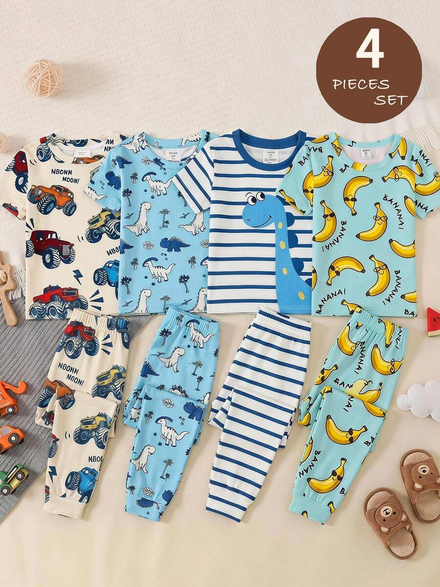 SHEIN 4pcs Young Boy Knit Snug Fit Loungewear Set, Loose Casual Cute Dinosaur Pattern, Suitable For Summer - Multicolor - View 1