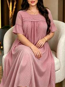 Lacomfia Gaun Pesta Kasual Wanita Ukuran Besar dengan Leher Bulat dan Detail Kerut - Berwarna merah muda - View 1