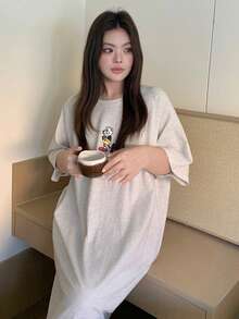 Dazy Plus Cartoon Pattern Loose Long T-Shirt Style Nightgown, Suitable For All Seasons Summer - Grey - View 5