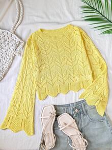 Tween Girl Solid Color Simple Hollow Out Round Neck Pullover Hoodie - Yellow - View 7
