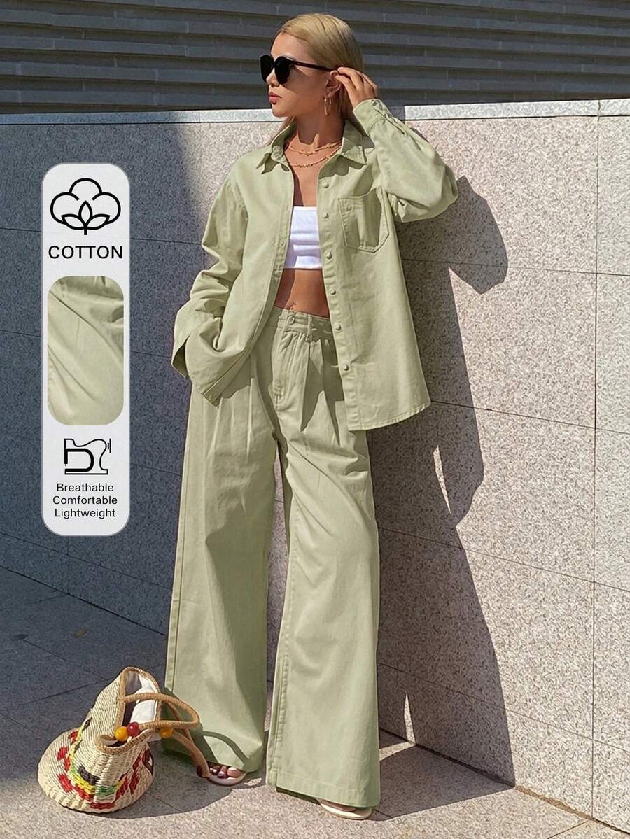 DAZY 女士翻领宽松衬衫搭配直筒裤休闲套装,粉色,优雅又不失青春活力 - 鵝黃色 - 查看 1