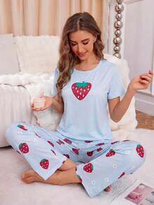 SHEIN Casual Underwear&Sleepwear 女款草莓印花圓領短袖上衣與休閒長褲睡衣套裝 - 彩色 - 查看 4