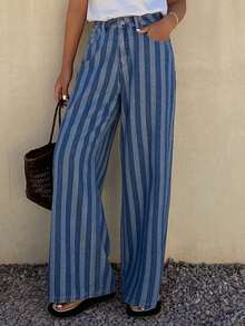 Dazy Tall Women's Striped Straight Loose Casual Jeans, Street Style Vacation Pants - Blue - View 5