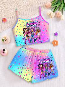 兒童青少年女孩休閒彩色卡通女團印花 K-Pop 超級明星 紮染細肩帶上衣與短褲家居服，適合夏季 - 彩色 - 查看 2