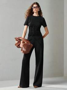 MOTF PREMIUM METAL DETAIL SIDE ZIPPER FLARE PANTS - Black - View 5