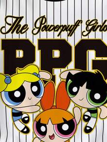 THE POWERPUFF GIRLS X SHEIN 少女夏季条纹花朵、泡泡、毛茛图案短袖 T 恤 - 白色 - 查看 6