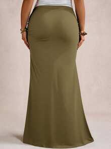Freevana Plus Size Elegant Romantic Vintage A-Line Maxi Knit Skirt, Suitable For Parties And Gatherings, Autumn/Winter - Army Green - View 2