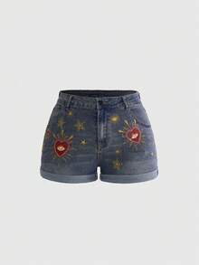 ROMWE Grunge Punk Y2K Vintage Star & Moon Embroidered Plus Size Denim Roll-Up Shorts - Blue - View 1