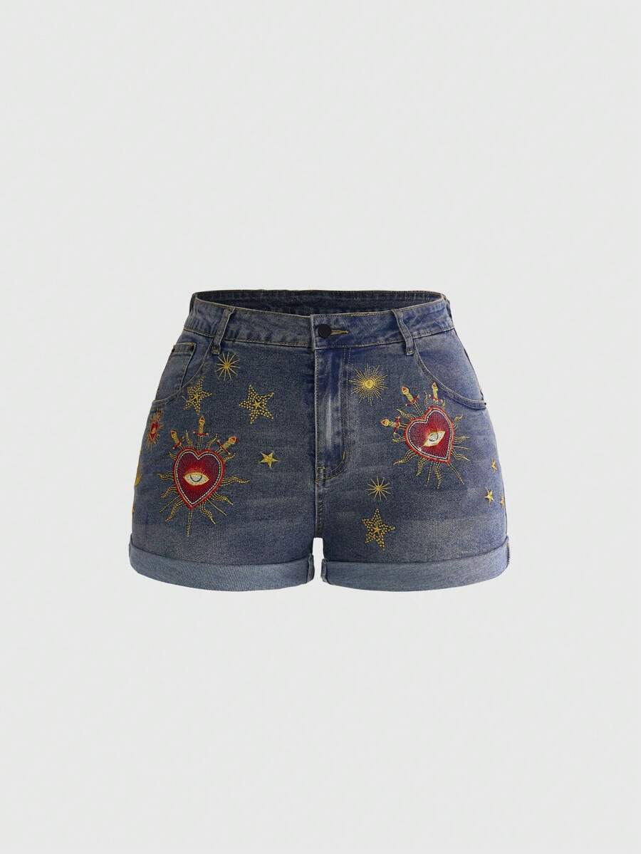 ROMWE Grunge Punk Y2K Vintage Star & Moon Embroidered Plus Size Denim Roll-Up Shorts - Blue - View 1