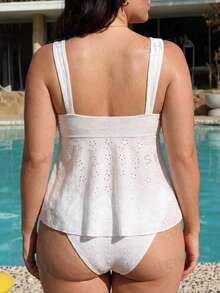 SHEIN Swim 2026 New Spring Summer Plus Size Women's New Fabric Drawstring Bust Skirt Style Wide Strap Top With Regular Triangle Bottom Sexy Casual Beach Party Swimwear Set - White - View 2