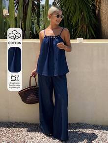 Livesso Summer Fashion Design Drawstring Navy Blue Top Straight Leg Casual Pants Set, Loose Business Business Vacation Commute Women's 2-Piece Set - Dark Wash - View 1