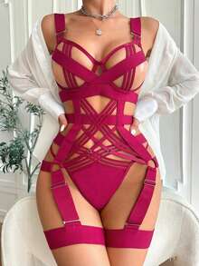 SHEIN Wire-Free Bra, Thong, Leg Bands 3-Piece Set - Hot Pink - View 3