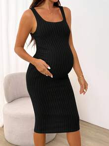 SHEIN Vestido casual ajustado sin mangas de unicolor con textura acanalada para maternidad - Negro - Ver 6
