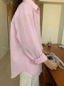 DAZY 女款條紋撞色單排扣休閒百搭日常出遊襯衫 - 粉色 - 查看 7