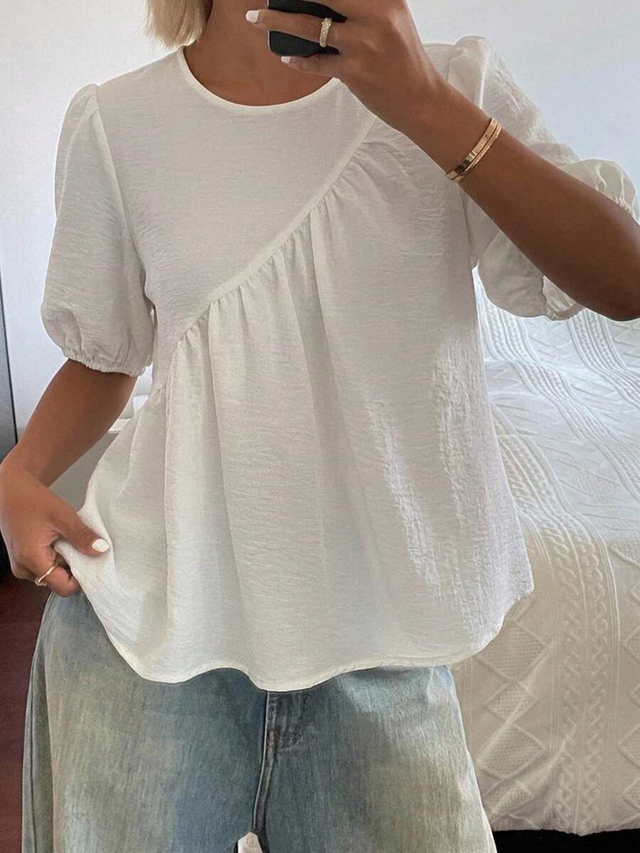 DAZY Solid Color Loose Short Sleeve Round Neck Pleated Casual Vacation Summer Blouse Women's Shirt - White - View 1