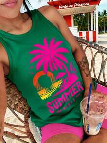 SHEIN LUNE Women's Plus Size Round Neck Tropical Print Letter Print Tank Top - Green - View 3