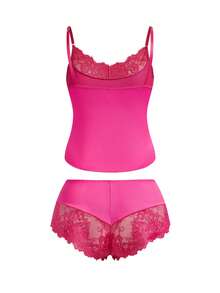 AltBold 2pcs Lace & Milk Silk Spliced Lingerie Set - Hot Pink - View 2