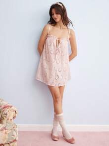 Elorette Pink And White Frill Trim Embroidered Lace-Up Flounce Bohemian Cute Romantic Pastoral Women's Nightgown Wedding Summer - Pink - View 6