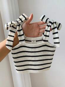 SHEIN [Random 6 Piece, Send 1 Piece]!Surprise Box !!!!Young Girl Solid Color Striped Floral Ruched Casual Tank Top - Black and White - View 12