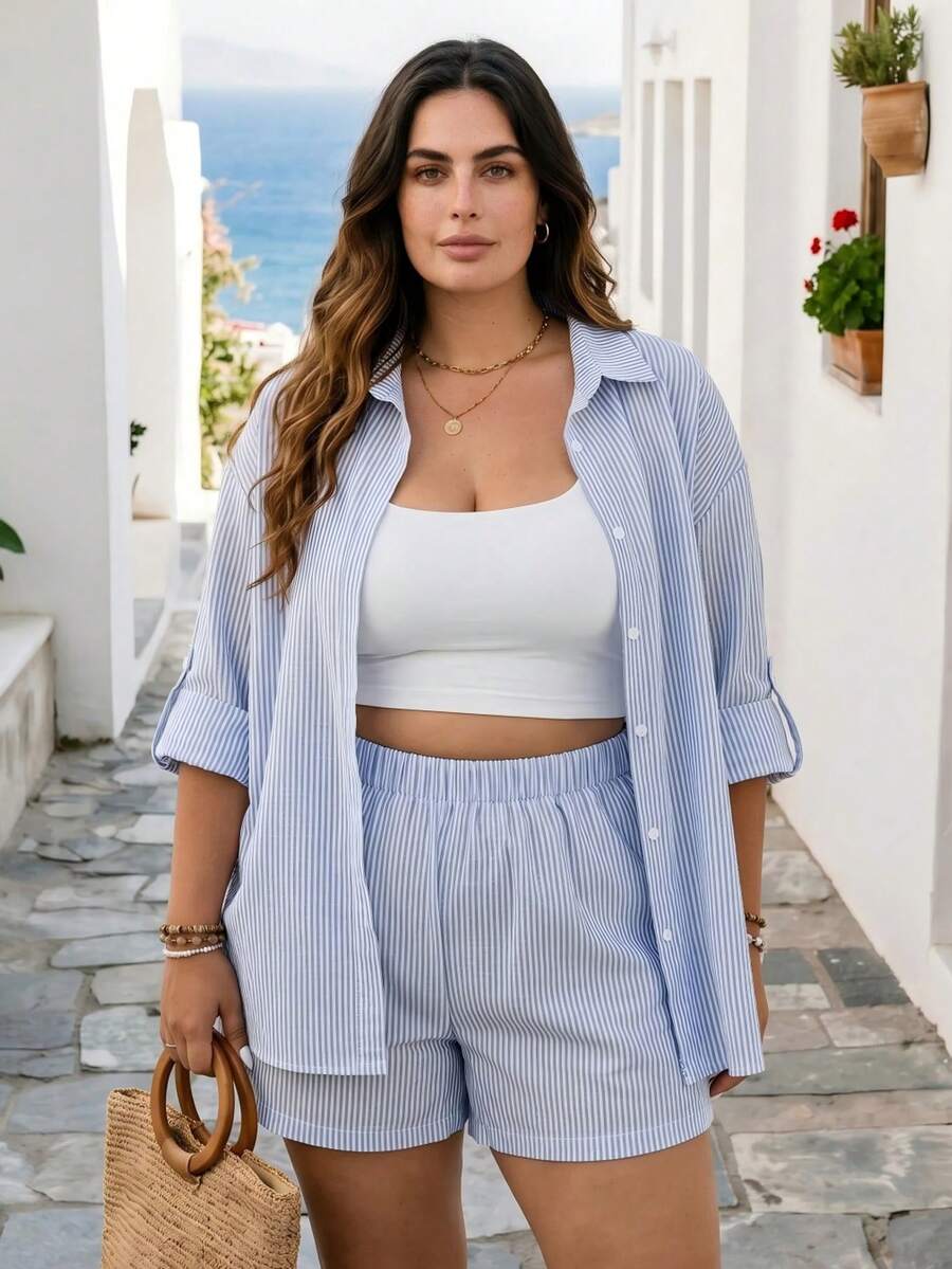 SHEIN Frenchy Plus Size Fall Women Clothes Back To School Outfits Striped Open Front Shirt With Adjustable Sleeve Shorts Set For Women - Blue and White - View 1
