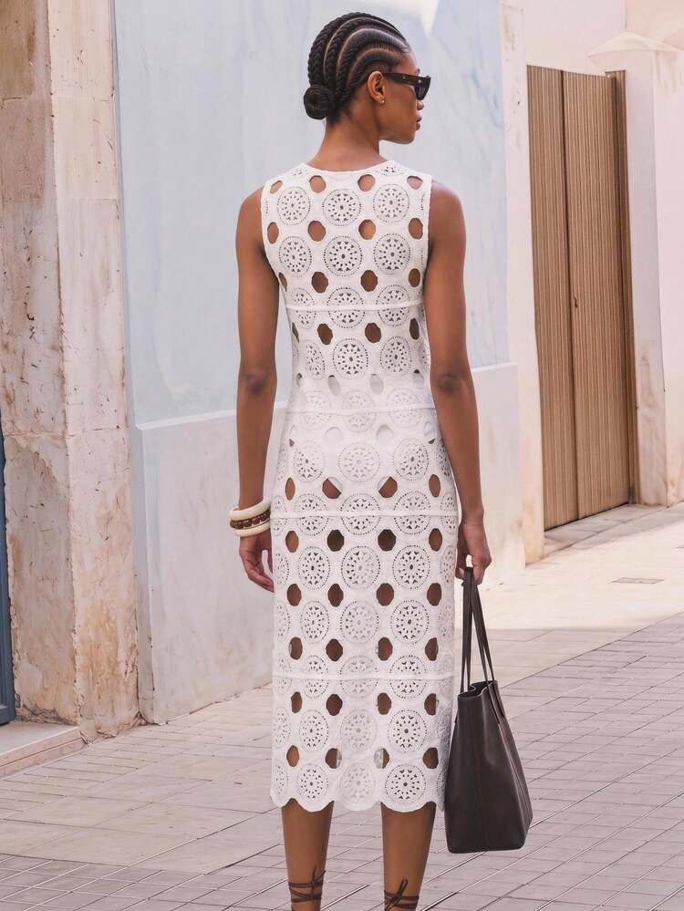 SHEIN Maija Robe en tricot transparent à fleurs ivoire pour femmes, robe bohème décontractée de vacances ample sans manches à col rond avec fente latérale, robe de vacances tropicale