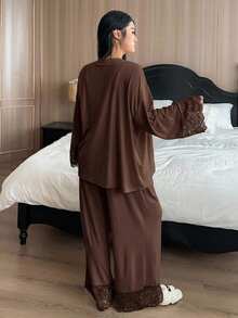 Dazy Plus Fashionable 3-Piece Home Wear Set, Slim Fit Camisole, Contrast Lace Cardigan, Pants, Elegant Plus Size Women's Pajama Set - Brown - View 2