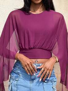 Mima John Women's Women's Burgundy Draped Top With Mesh Sleeves And Ruched Waist Detail Shawl Collar Casual Top, New Year's For Women Summer - Red Violet - View 4