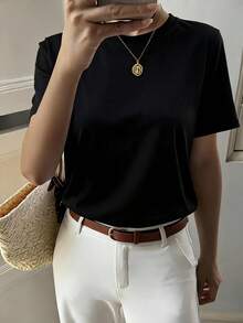 DAZY Women's Solid Color Round Neck Short Sleeve T-Shirt, Minimalist And Versatile For Summer - Black - View 2