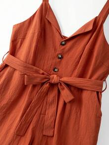 Linhara Plus Size Women's Solid Color Waist Tie Casual Daily Wear Romper - Rust Brown - View 7