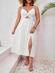 SHEIN VCAY Plus Size Women Textured Ruched Cutout Slit Front Cami Dress For Vacation - White - View 1