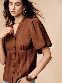 Arave Women Blouse Slim Waist Puff Sleeve Textured Ruffle V Neck Button Vertical Pleated Hollow Lace Vintage Elegant Shades Of Brown Teachers' Day Brunch - Coffee Brown - View 1