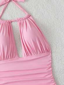 SHEIN Swim Women's Solid Color Pleated Halter Neck Tie One-Piece Swimsuit, Suitable For Beach Vacation, Pool Party, Beach Party - Pink - View 4