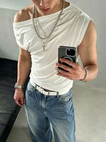 Manfinity Dauomo Men's Casual Solid Color Asymmetrical Collar T-Shirt - White - View 3