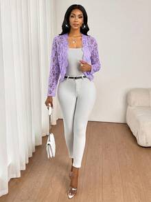 SHEIN Lady 淺紫色女款蕾絲長袖開襟優雅外套 - 淡紫色 - 查看 6