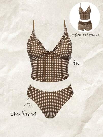 Elavelle Bộ bikini tank nữ xuân/hè dây mảnh, ren nơ, cắt cao