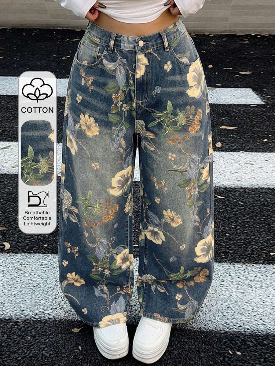 Dazy Plus Floral Print Straight Leg Long Plus Size Women Jeans - Dusty Blue - View 1