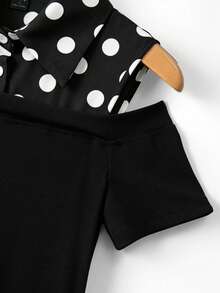 RosyDaze Black And White Polka Dot Off-Shoulder Dress Elegant Asymmetric Two-In-One Shirt Dress Ribbed Knit Short Sleeve Summer Vacation Party Tea Outfit - Black - View 3