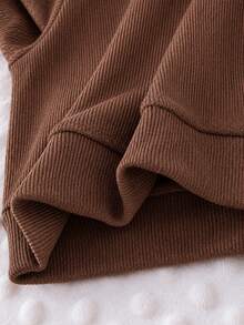 SHEIN Infant/Toddler (Girl) Chocolate Brown Black Ribbed Long Sleeve Cardigan Jacket With Large Flower Decoration, Solid Color Long Pants 2-Piece Set Spring - Brown - View 8