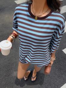 Siren Gaze Women's Round Neck Striped Colorblock Short Sleeve Top And Shorts Casual Daily Set - Brown - View 4