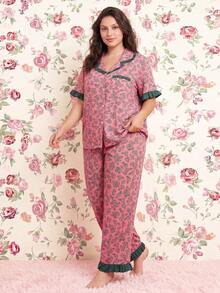 Elorette Plus Size Women's Floral Print PJS, Decorated With Ruffle Trim And Pockets, Suitable For Indoor And Outdoor Wear - Pink - View 11