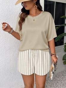 SHEIN Frenchy Summer New Vacation T-Shirt And Shorts Striped Print Plus Size Women's Two Pieces Set - White - View 2
