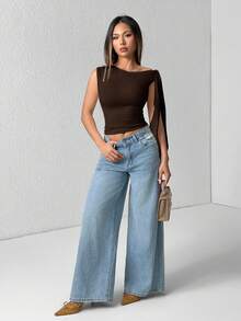 SHEIN PETITE 純色單肩綁帶上衣，適合嬌小女性 - 棕色 - 查看 6