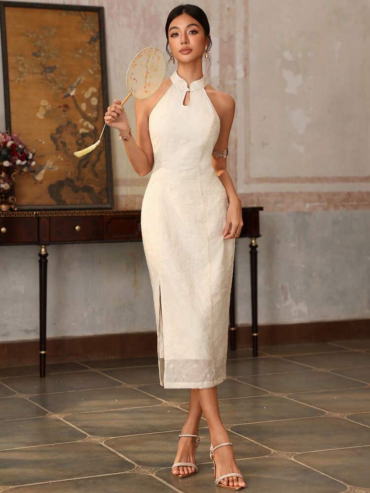 tea length bodycon dress EastFlair Women's Halter Neck Open Shoulder Sleeveless Cutout Neckline Thigh Slit White Summer Elegant French Wedding Party High Tea Brunch Summer birthday brunch 🌸🎀 date night glam Size:7.5 | 40.5 seamless mid