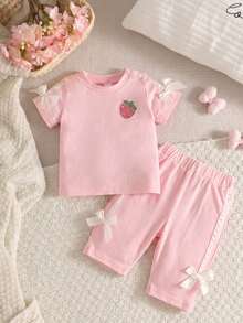 SHEIN Newborn Baby Girl Pink Fashion Set Short Sleeve Top With 3D Bow Decor Pants Cute Outfit For 0-9 M Babies - Pink - View 4