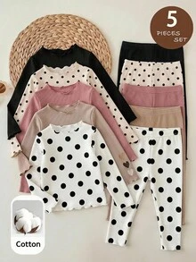 SHEIN LMoss Kids 女嬰休閒可愛百搭針織波點愛心圖案鬆緊腰長褲 5件套 - 彩色 - 查看 6