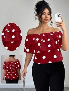 Elenzga Plus Size Women's Classic Polka Dot Print Layered Ruffle Off Shoulder Blouse - Red - View 7