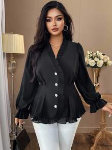 Auvina Blusa con abotonadura, manga larga, ajustada, cuello en V, con parches de encaje y volantes en bajo para mujer de talla grande - Negro - Ver 7