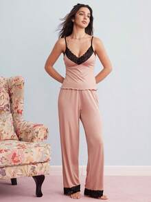 SHEIN 女士蕾丝边吊带睡衣套装 - 卡其色 - 查看 2