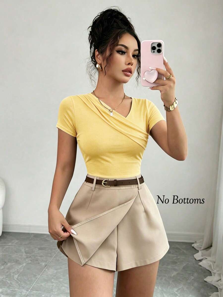 SHEIN Raffinéa 女款時尚短袖領口分層休閒通勤T恤 - 黃色 - 查看 1